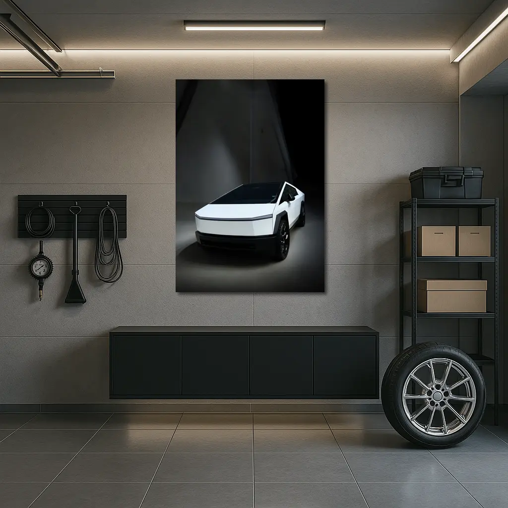 Tesla Cybertruck White Studio Dark Background – Wall Art