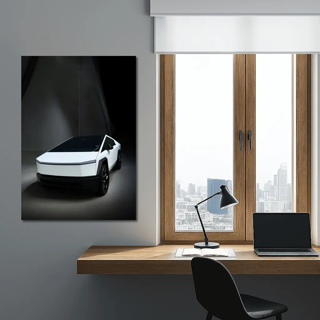 Tesla Cybertruck White Studio Dark Background – Wall Art