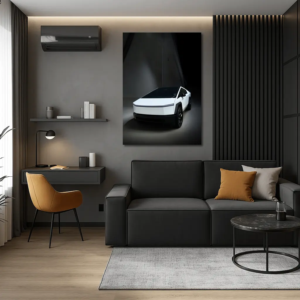 Tesla Cybertruck White Studio Dark Background – Wall Art