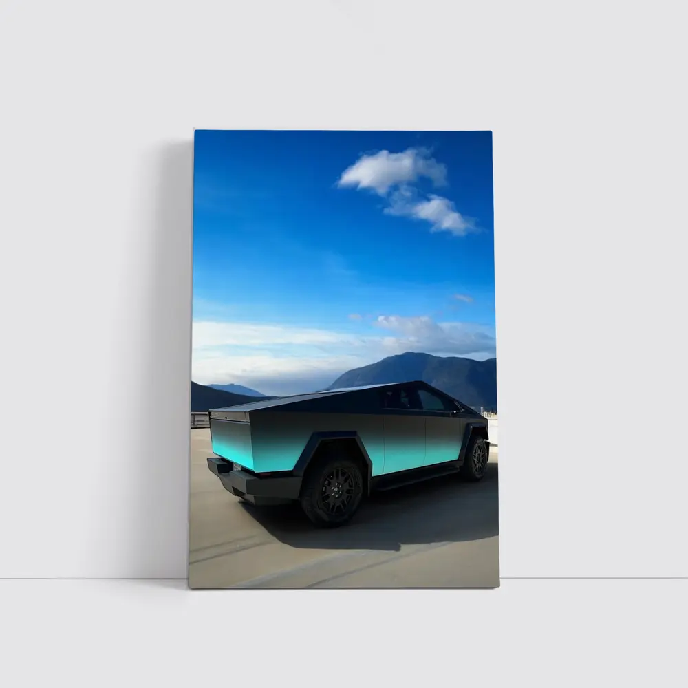Tesla Cybertruck Teal Chrome Mountain Sky – Wall Art