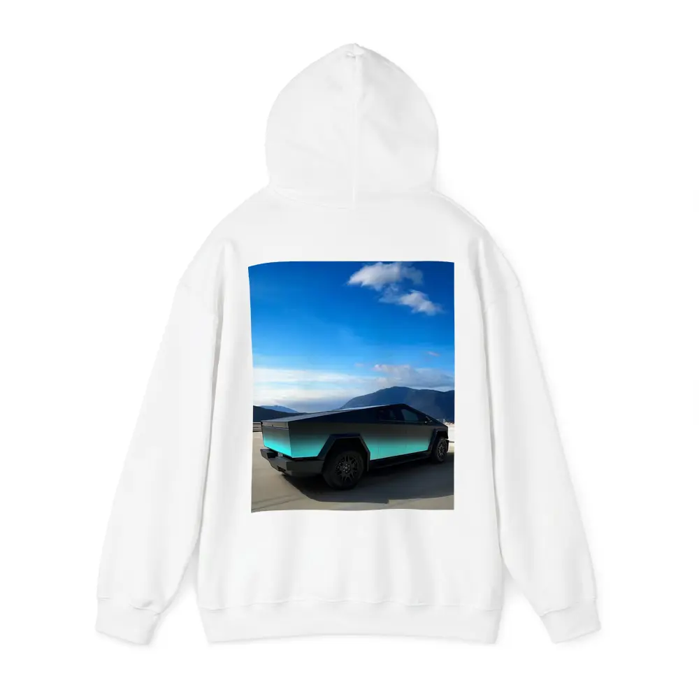 Tesla Cybertruck Teal Chrome Mountain Sky – Hoodies