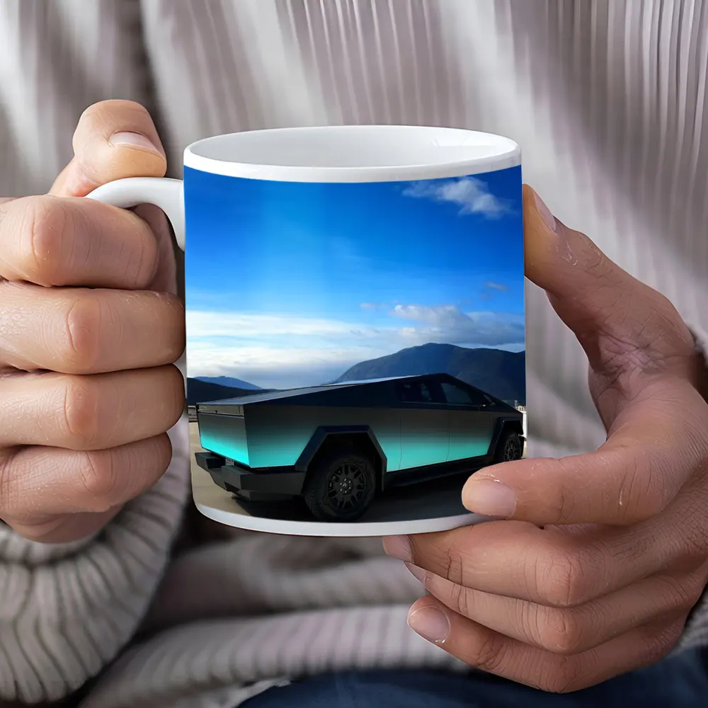 Tesla Cybertruck Teal Chrome Mountain Sky – Mugs