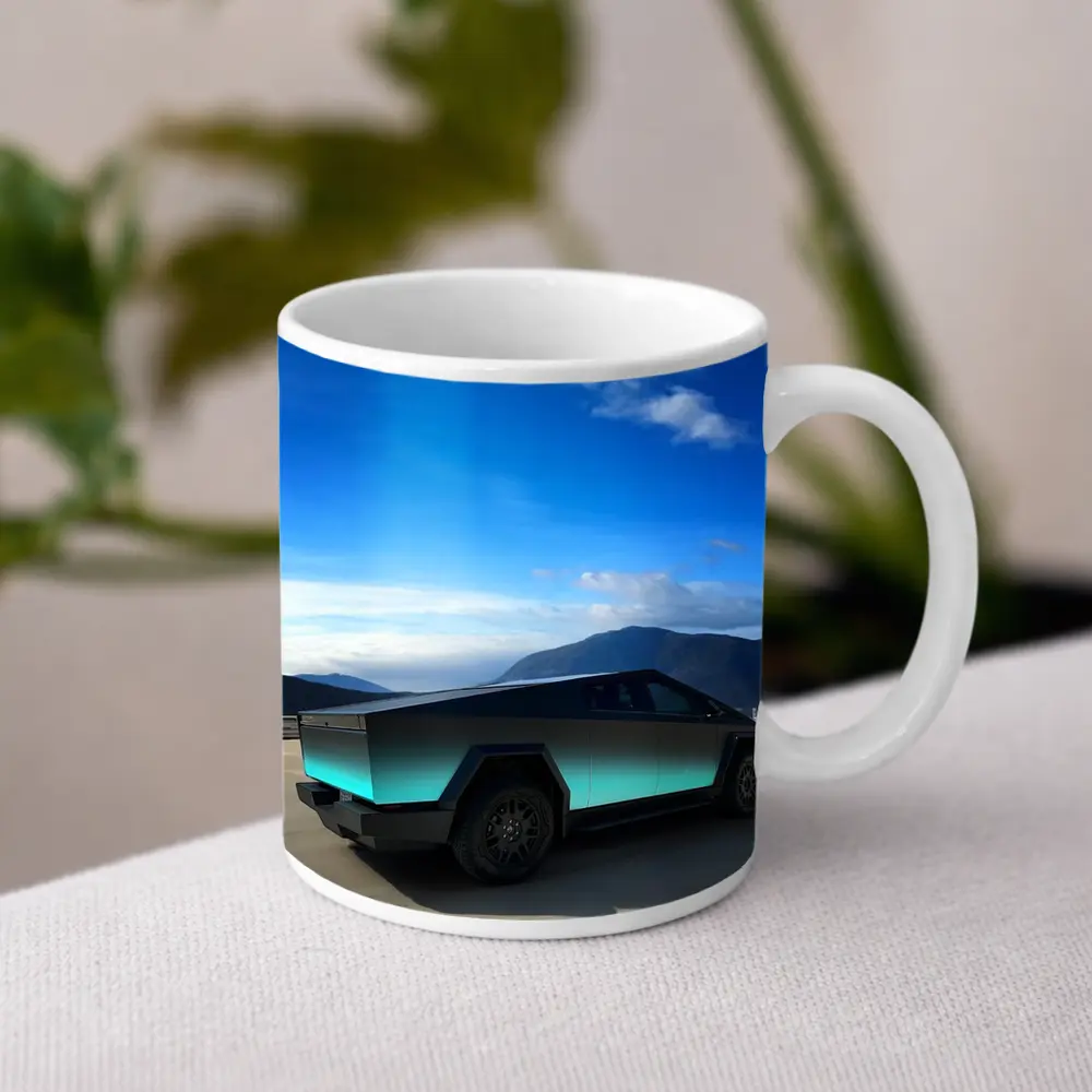 Tesla Cybertruck Teal Chrome Mountain Sky – Mugs