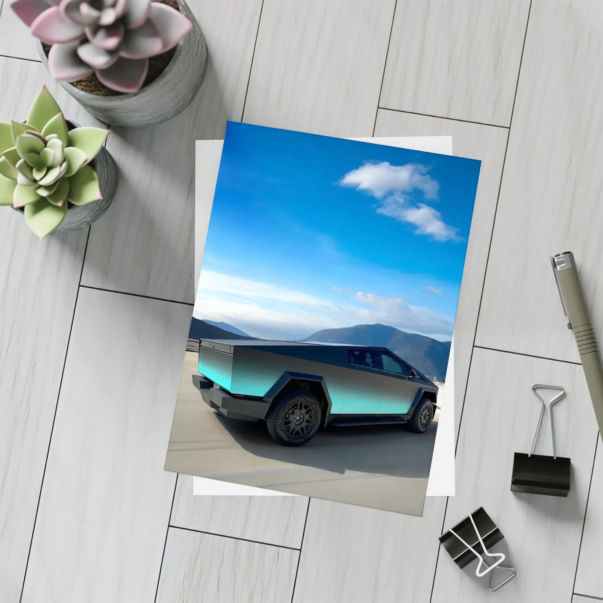 Tesla Cybertruck Teal Chrome Mountain Sky – Postcards