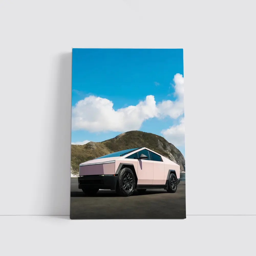 Pink Tesla Cybertruck Parked Near Mountains – Wall Art