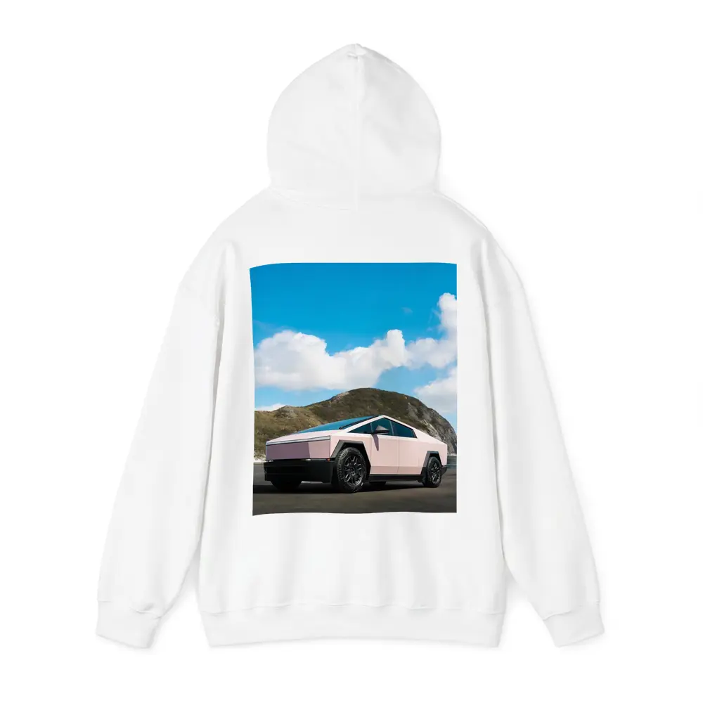 Pink Tesla Cybertruck Parked Near Mountains – Hoodies