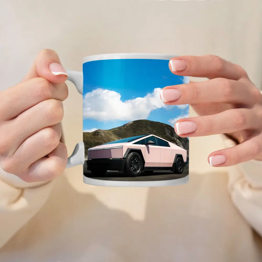 Pink Tesla Cybertruck Parked Near Mountains – Mugs
