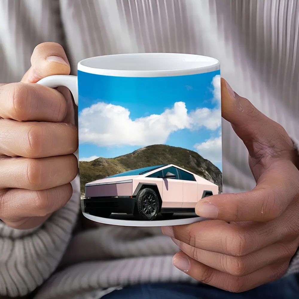 Pink Tesla Cybertruck Parked Near Mountains – Mugs
