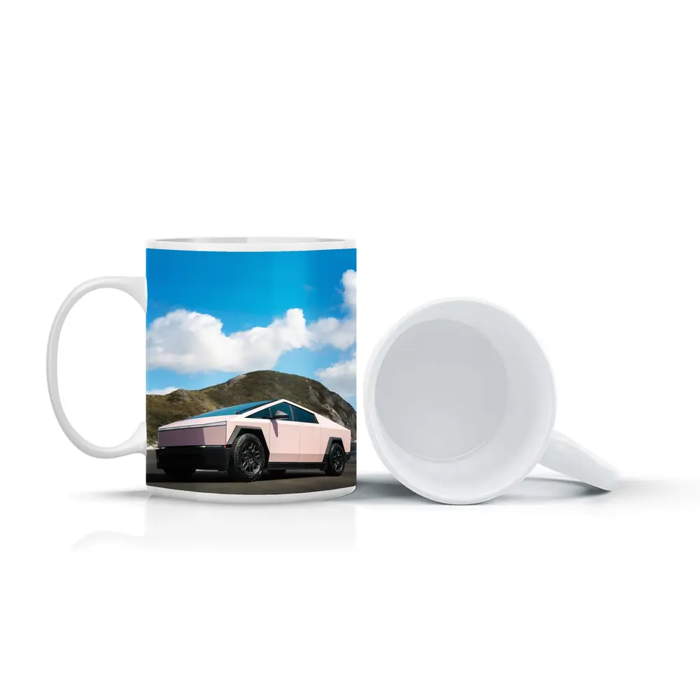 Pink Tesla Cybertruck Parked Near Mountains – Mugs