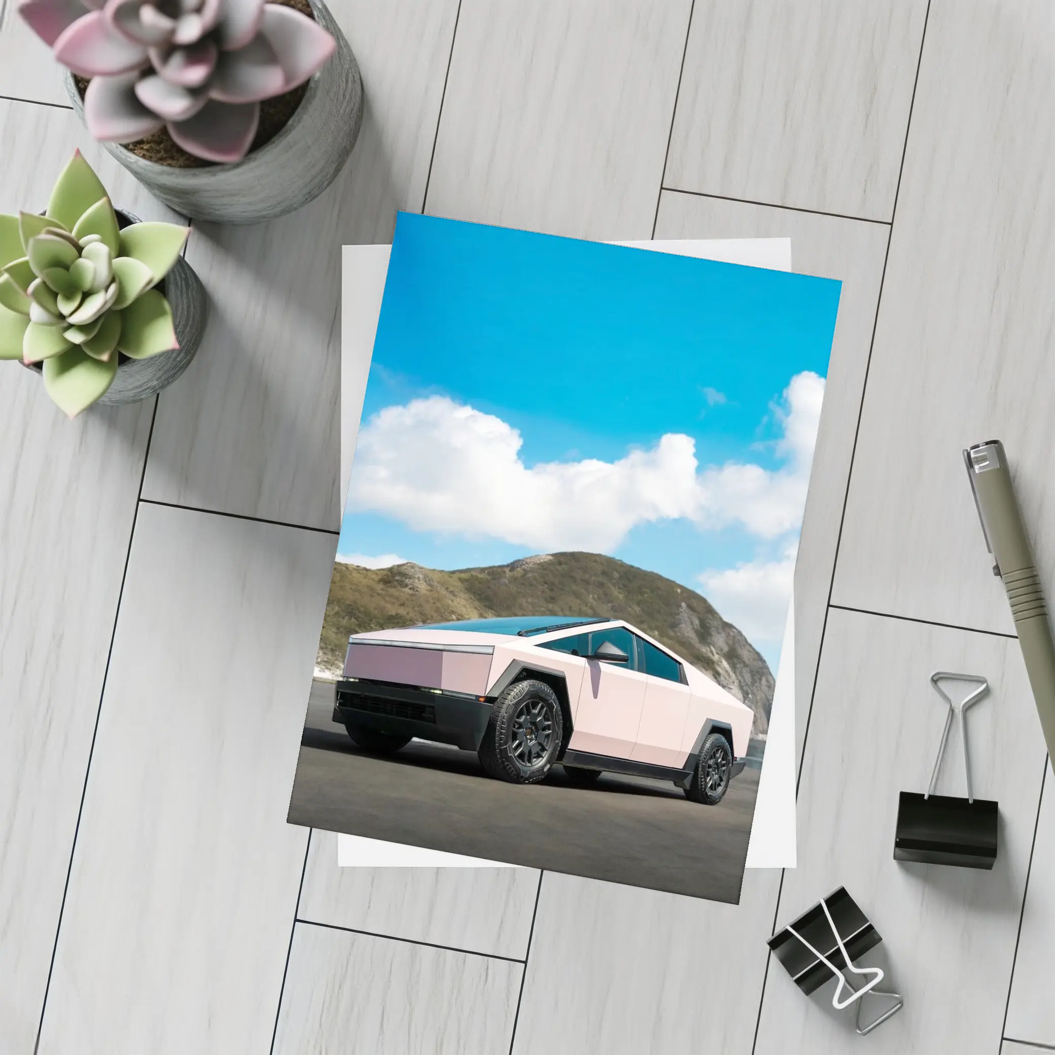 Pink Tesla Cybertruck Parked Near Mountains – Postcards