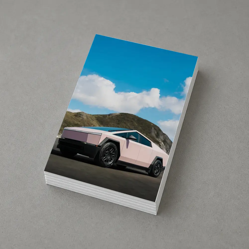 Pink Tesla Cybertruck Parked Near Mountains – Postcards