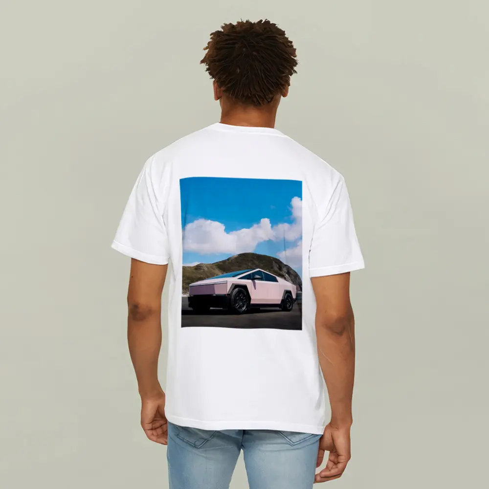 Pink Tesla Cybertruck Parked Near Mountains – T-Shirts