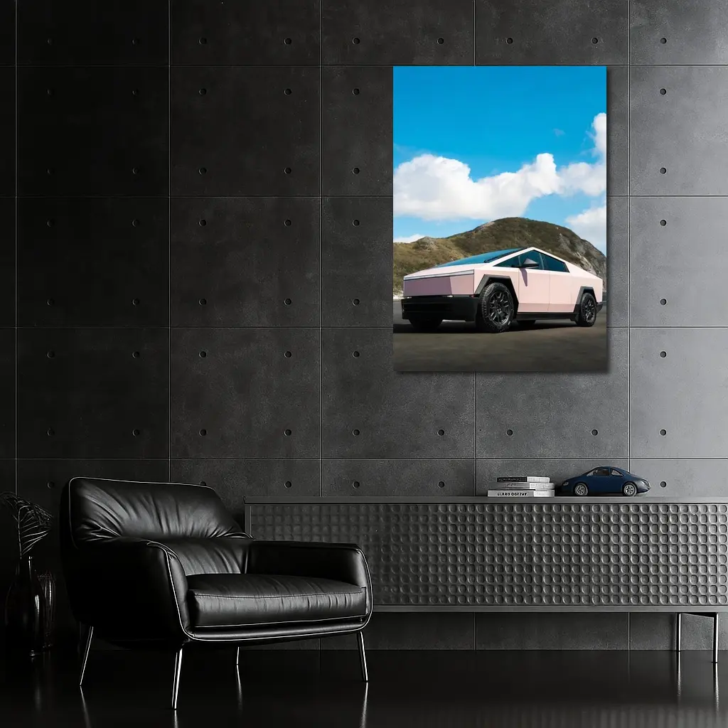 Pink Tesla Cybertruck Parked Near Mountains – Wall Art