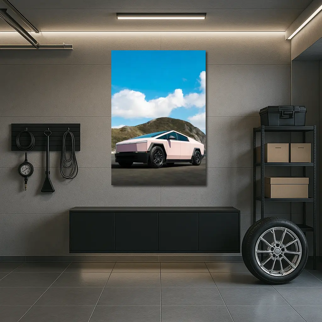 Pink Tesla Cybertruck Parked Near Mountains – Wall Art