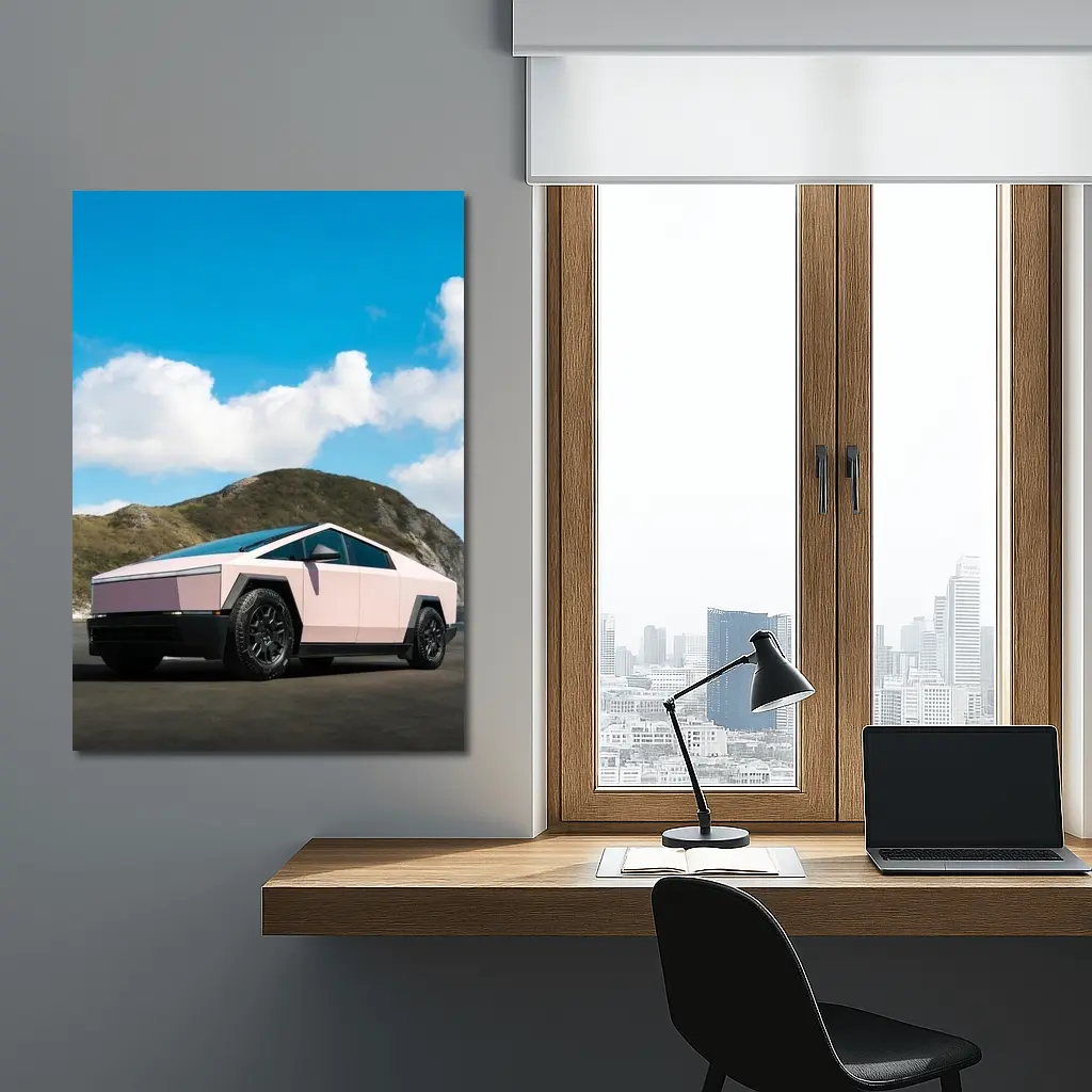 Pink Tesla Cybertruck Parked Near Mountains – Wall Art