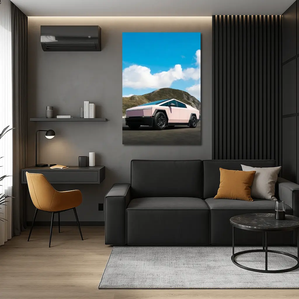 Pink Tesla Cybertruck Parked Near Mountains – Wall Art