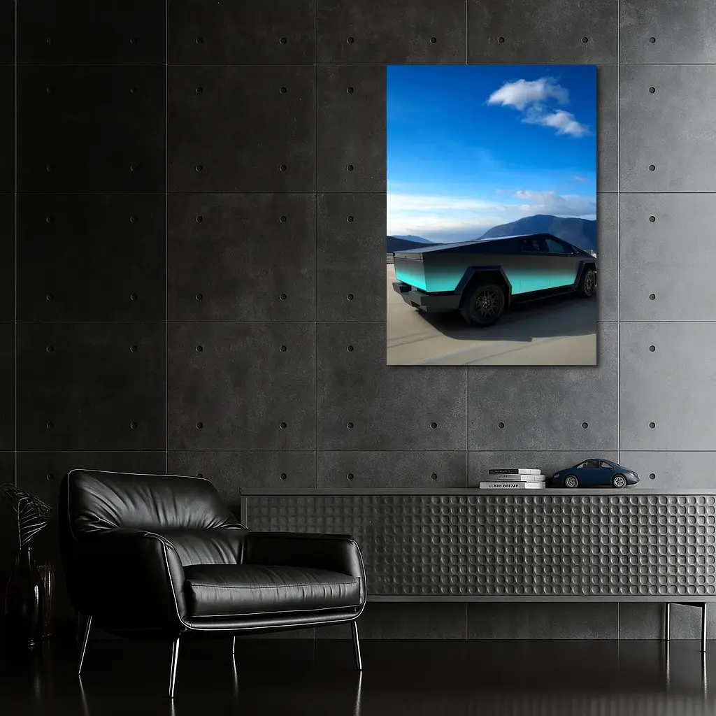 Tesla Cybertruck Teal Chrome Mountain Sky – Wall Art