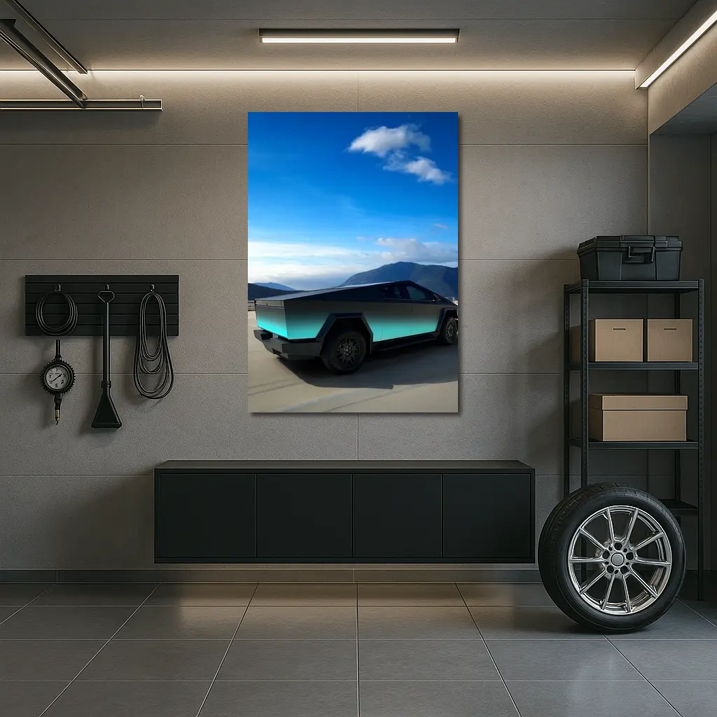 Tesla Cybertruck Teal Chrome Mountain Sky – Wall Art