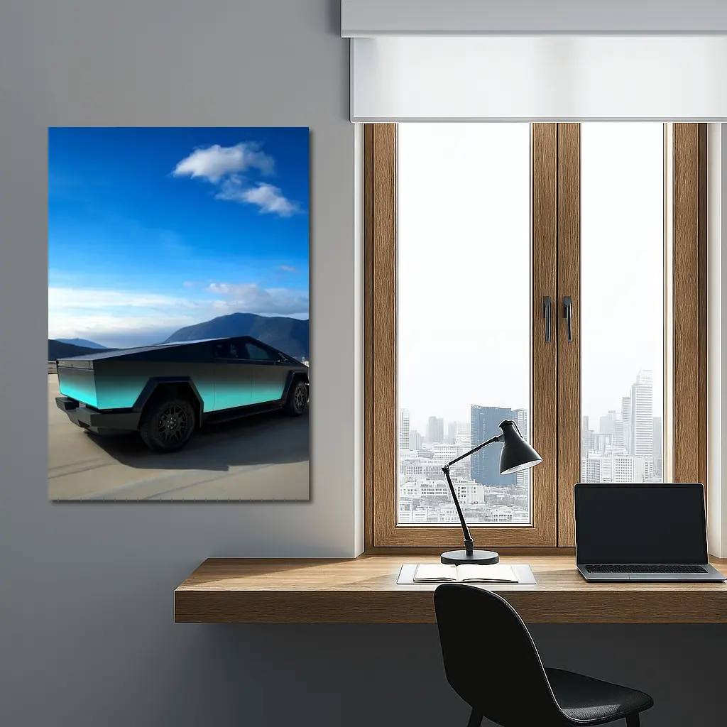 Tesla Cybertruck Teal Chrome Mountain Sky – Wall Art