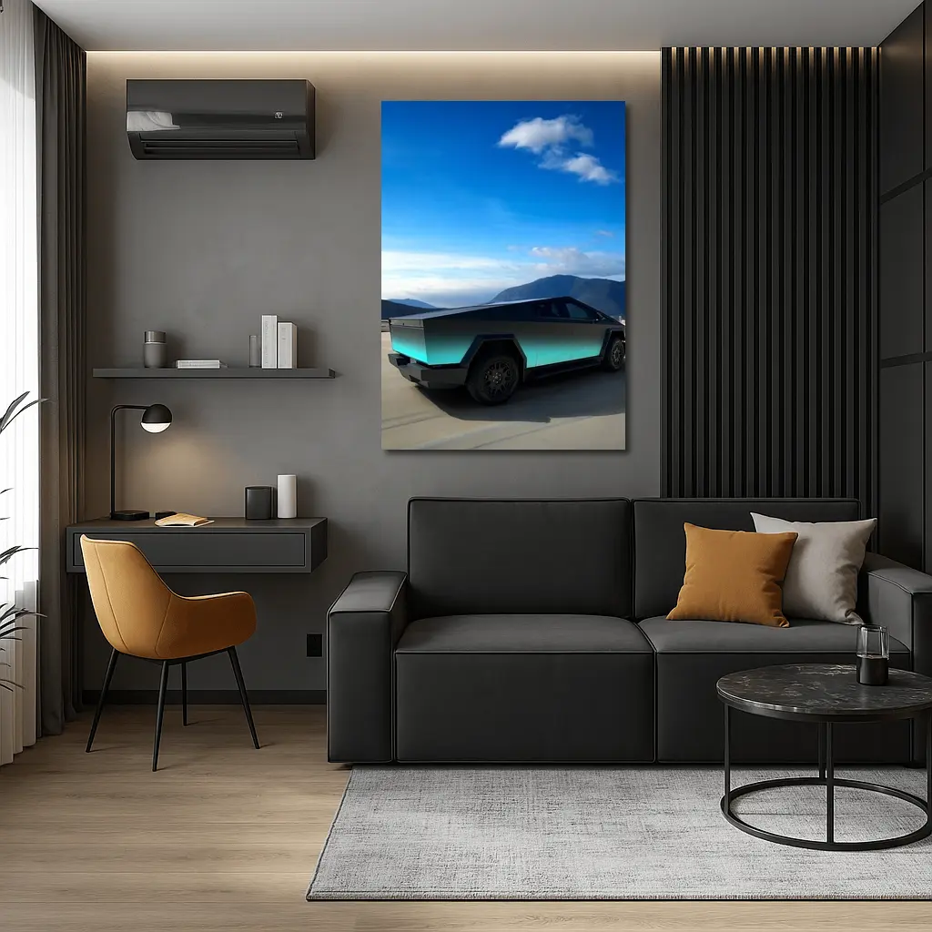 Tesla Cybertruck Teal Chrome Mountain Sky – Wall Art