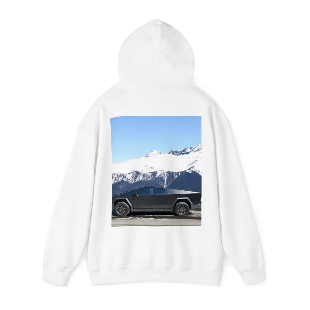 Tesla Cybertruck Parked Against Snowy Mountains – Hoodies