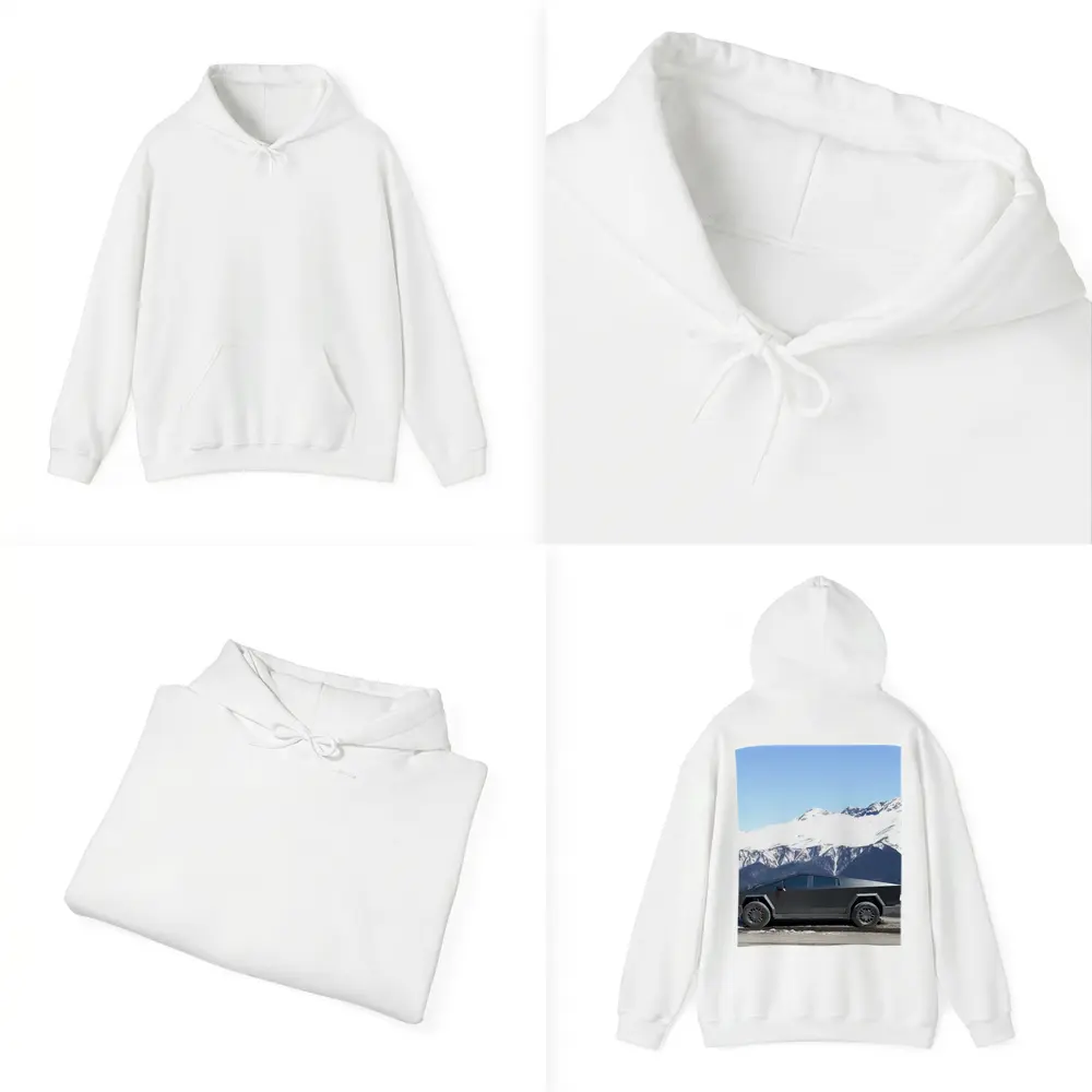 Tesla Cybertruck Parked Against Snowy Mountains – Hoodies