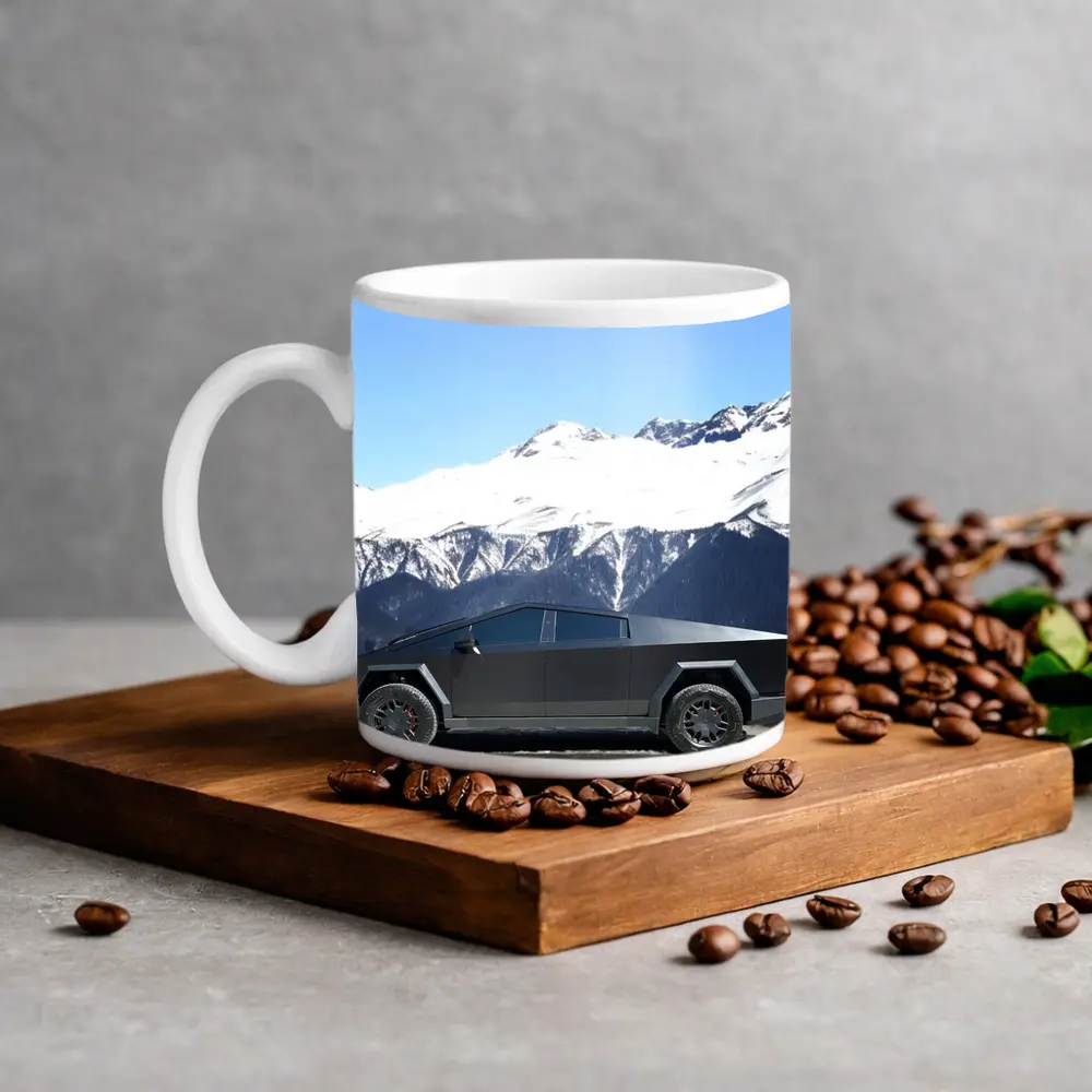 Tesla Cybertruck Parked Against Snowy Mountains – Mugs