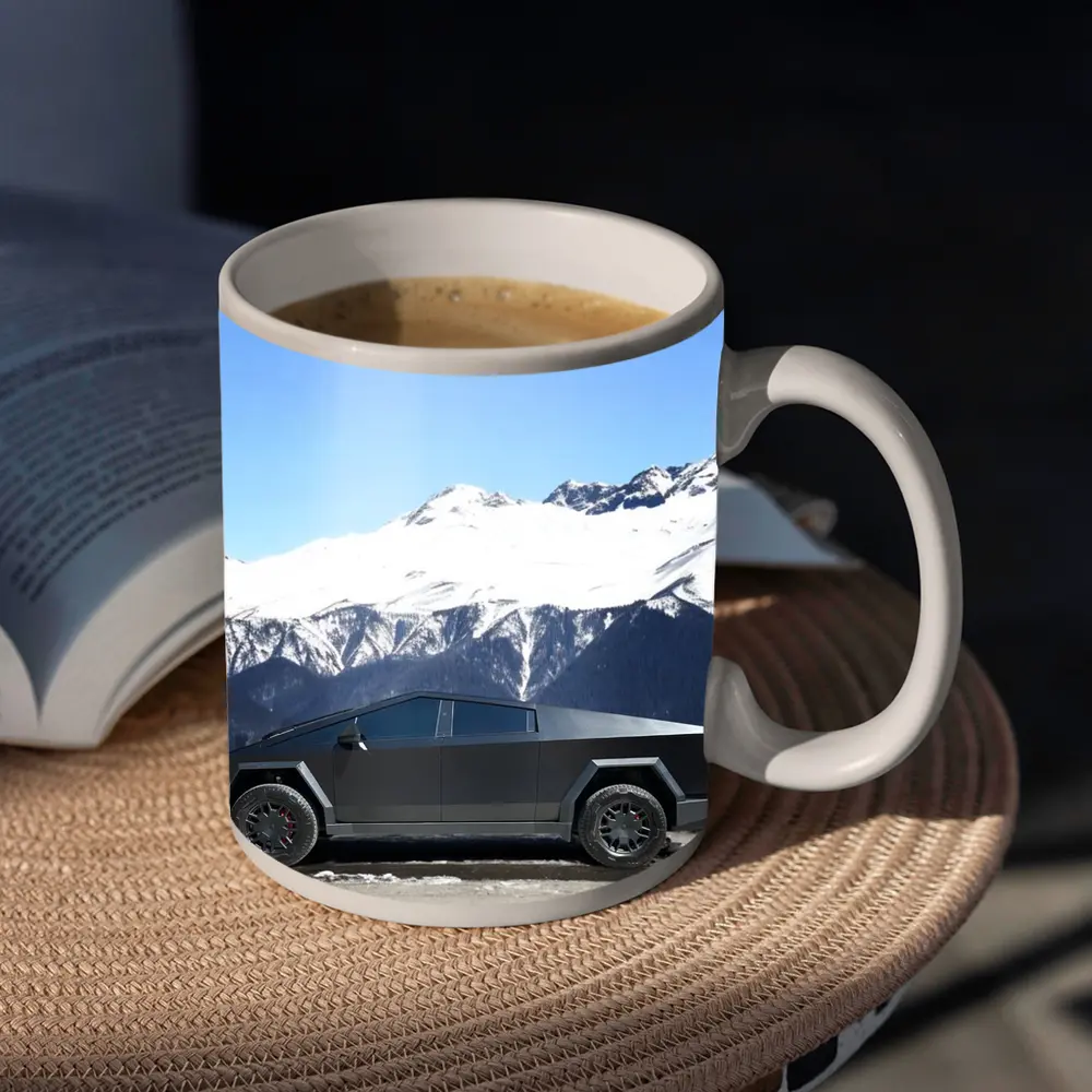 Tesla Cybertruck Parked Against Snowy Mountains – Mugs
