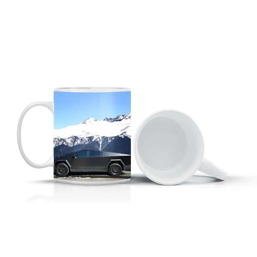 Tesla Cybertruck Parked Against Snowy Mountains – Mugs