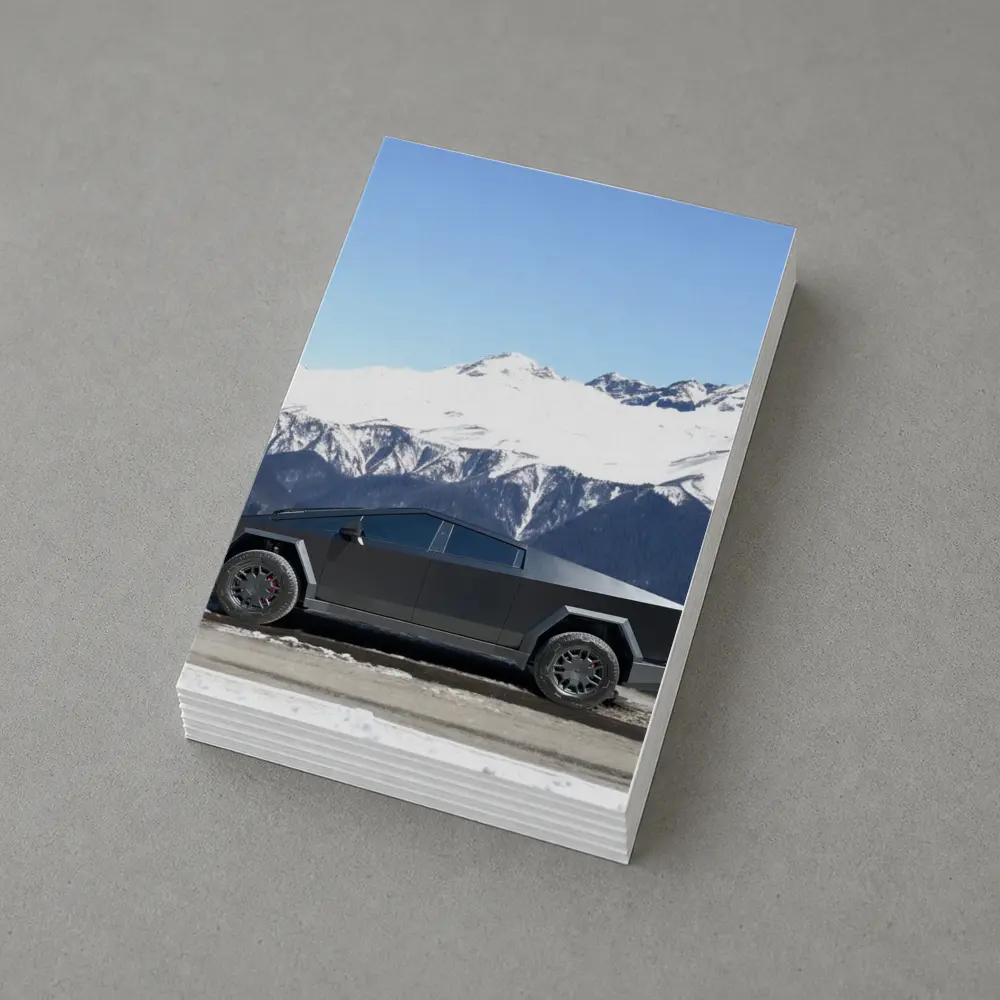Tesla Cybertruck Parked Against Snowy Mountains – Postcards