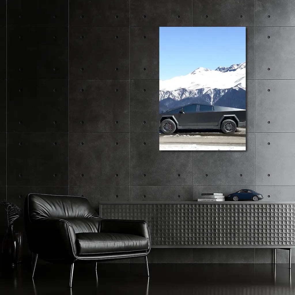 Tesla Cybertruck Parked Against Snowy Mountains – Wall Art