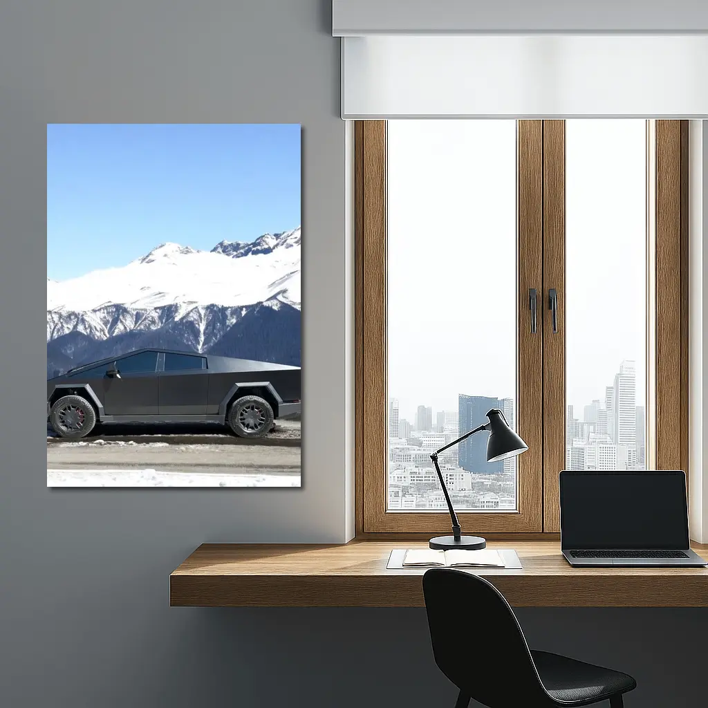 Tesla Cybertruck Parked Against Snowy Mountains – Wall Art