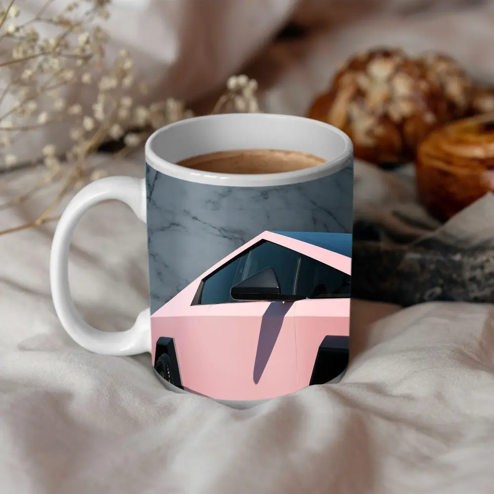Pink Tesla Cybertruck Against Marble Wall – Mugs
