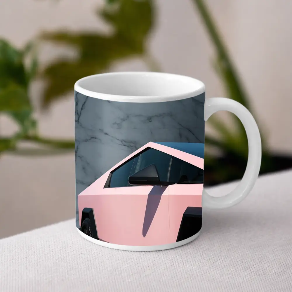 Pink Tesla Cybertruck Against Marble Wall – Mugs