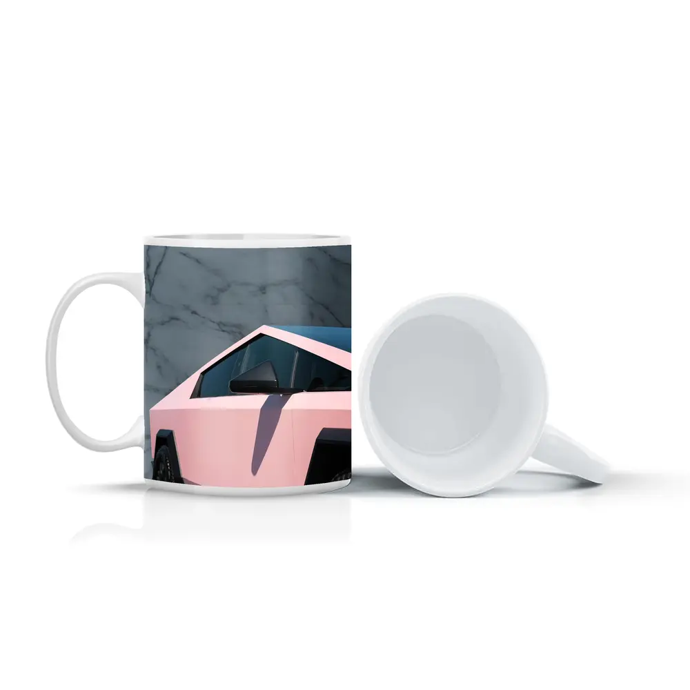 Pink Tesla Cybertruck Against Marble Wall – Mugs