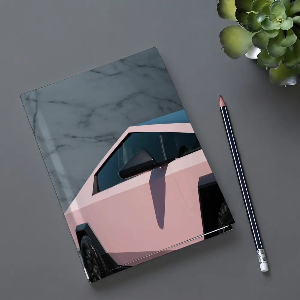Pink Tesla Cybertruck Against Marble Wall – Notebooks