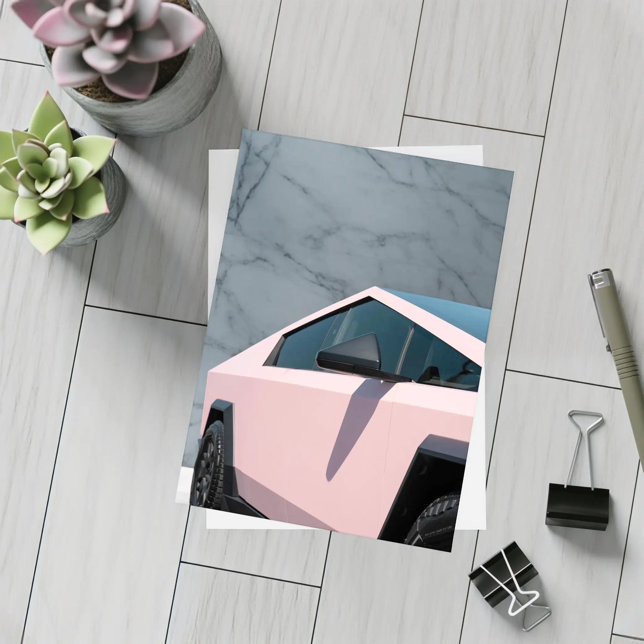 Pink Tesla Cybertruck Against Marble Wall – Postcards