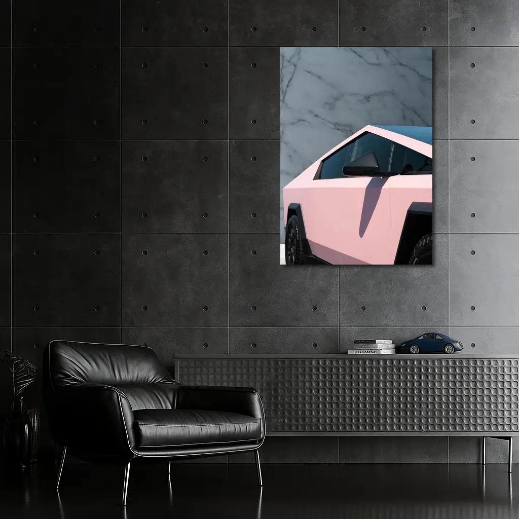 Pink Tesla Cybertruck Against Marble Wall – Wall Art