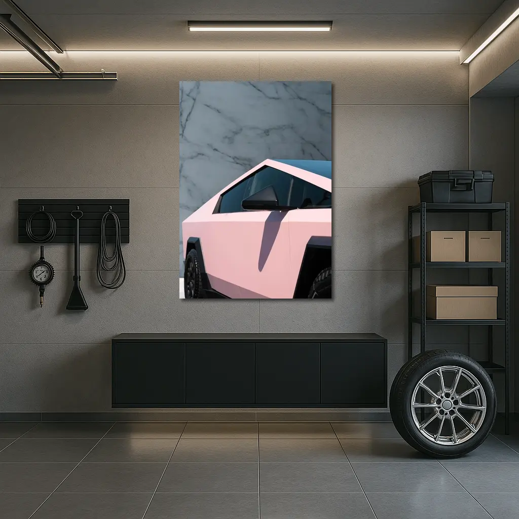 Pink Tesla Cybertruck Against Marble Wall – Wall Art