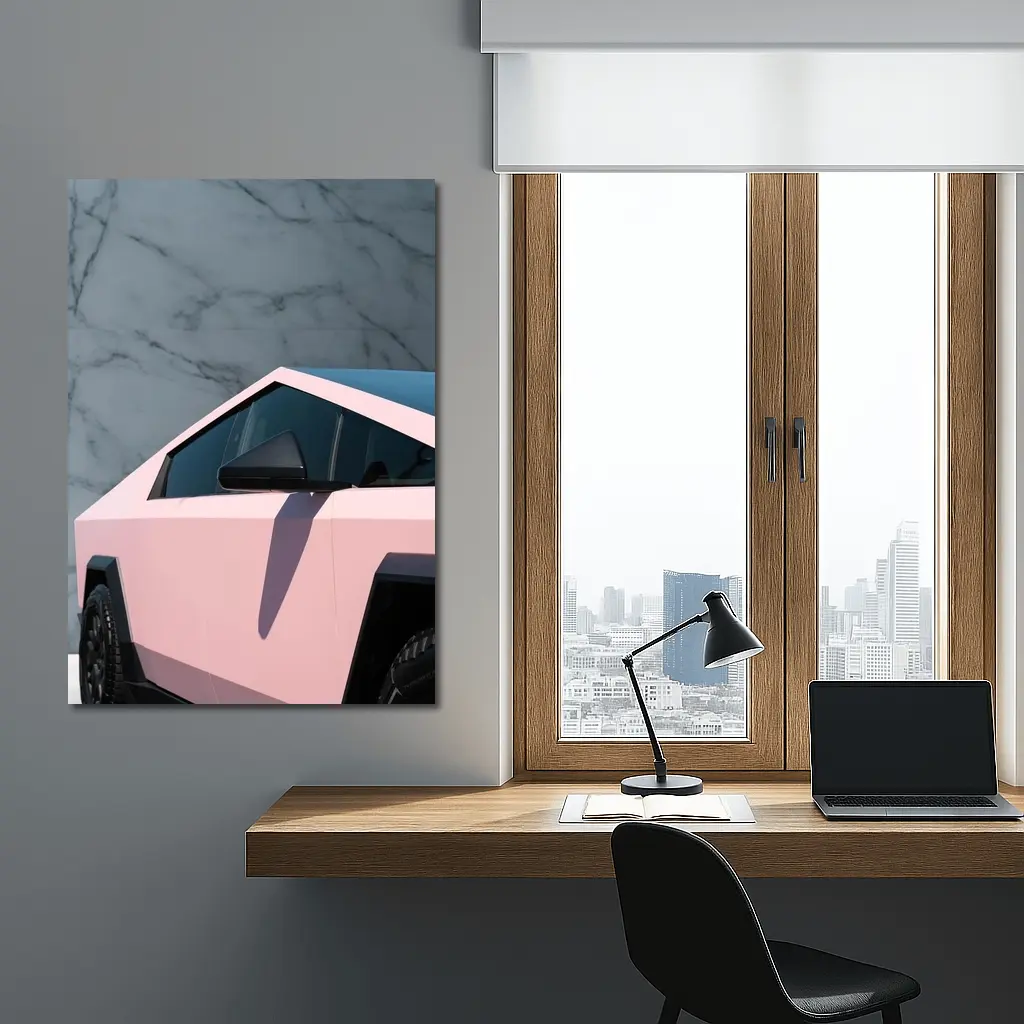 Pink Tesla Cybertruck Against Marble Wall – Wall Art