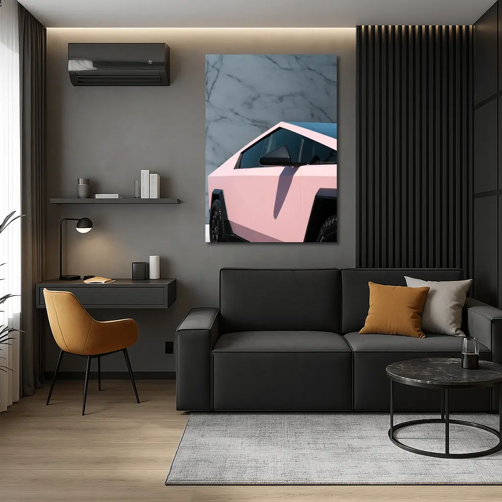 Pink Tesla Cybertruck Against Marble Wall – Wall Art
