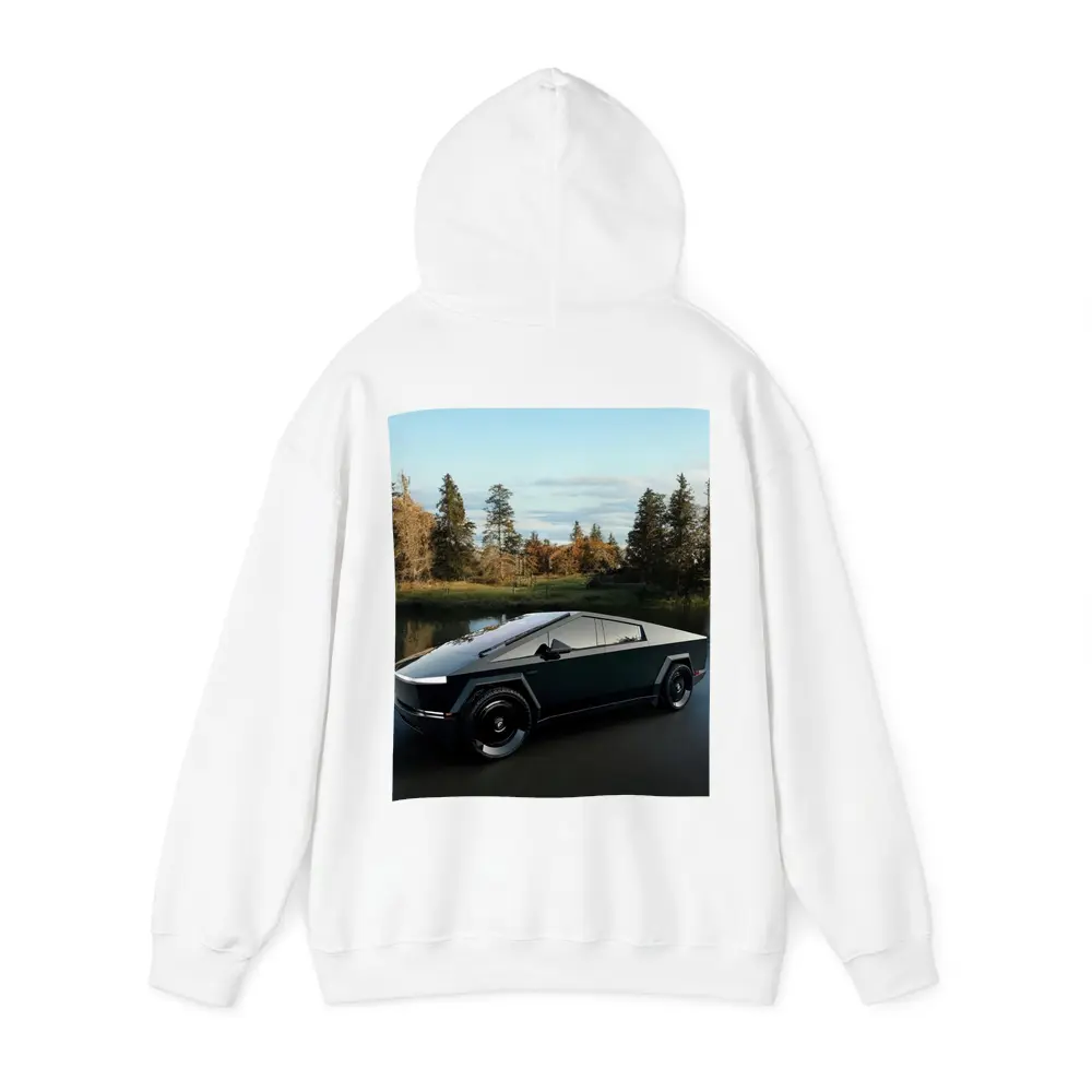 Tesla Cybertruck Parked Near Calm Lake – Hoodies