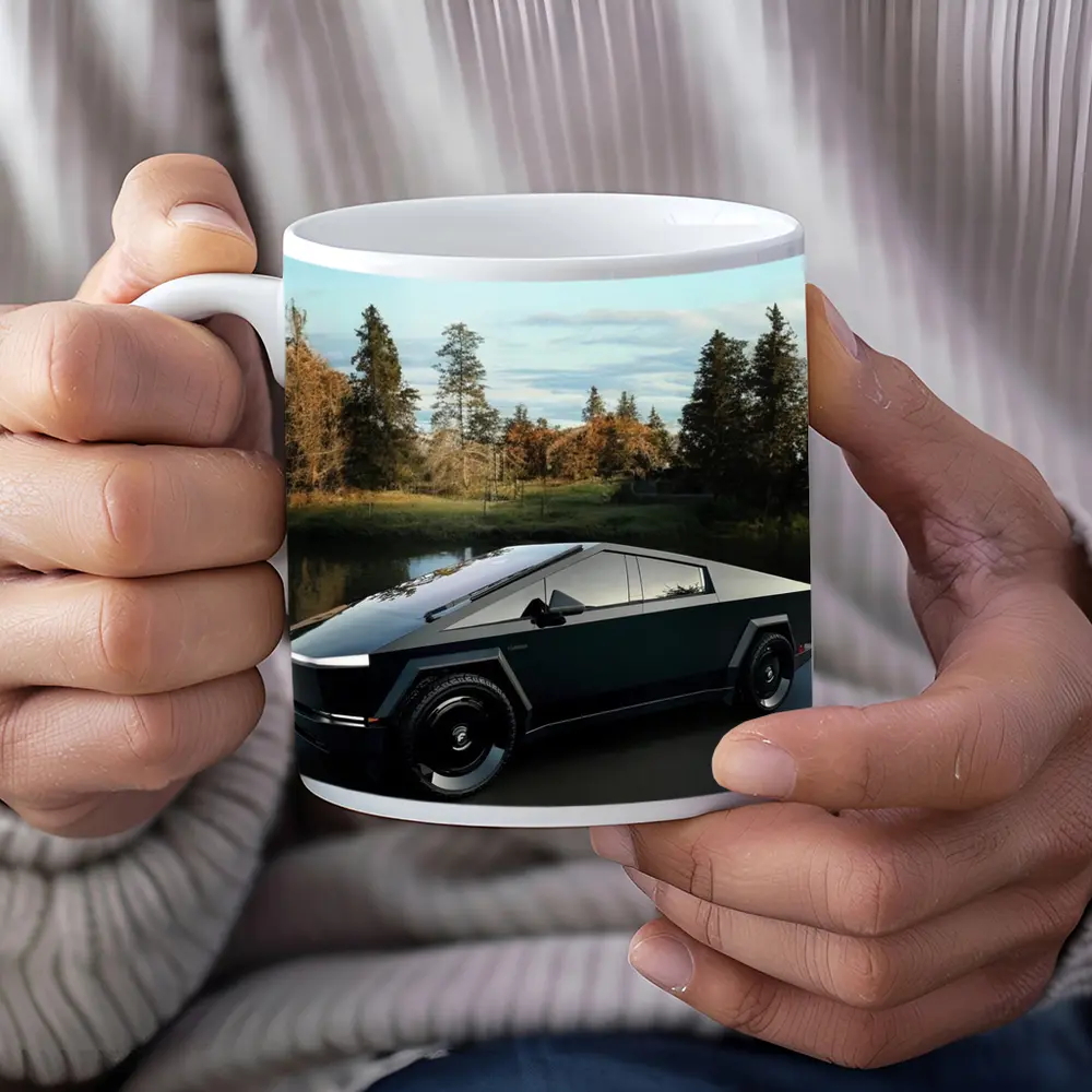 Tesla Cybertruck Parked Near Calm Lake – Mugs
