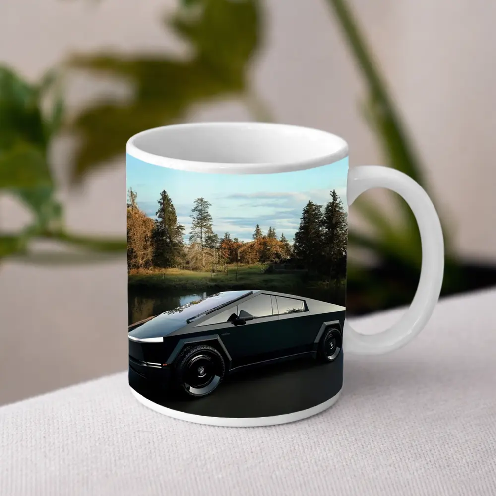 Tesla Cybertruck Parked Near Calm Lake – Mugs