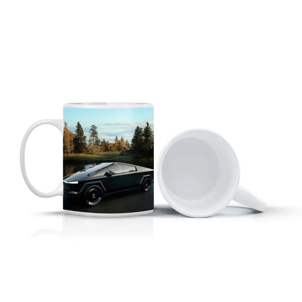 Tesla Cybertruck Parked Near Calm Lake – Mugs