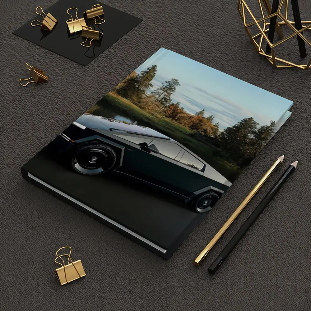 Tesla Cybertruck Parked Near Calm Lake – Notebooks