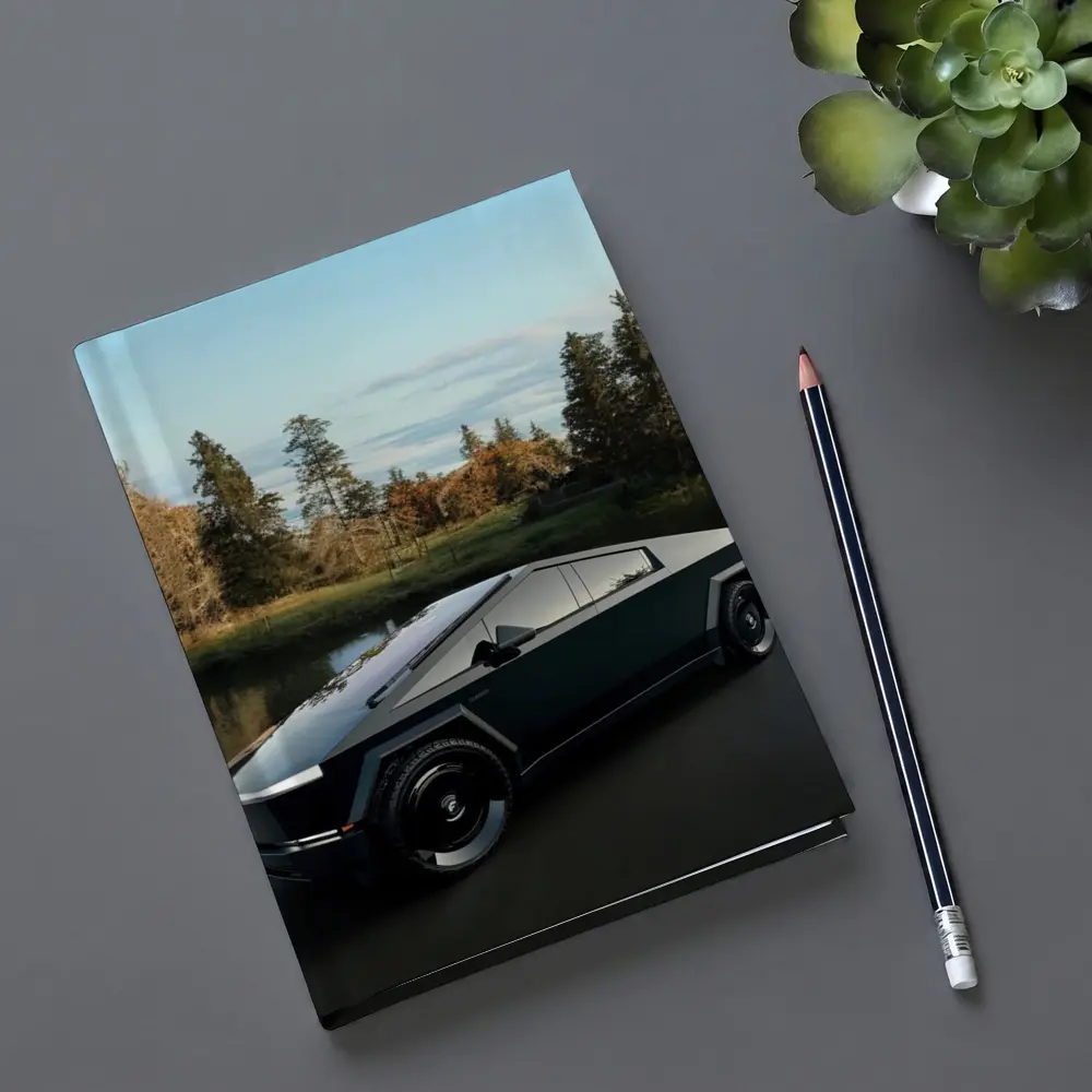 Tesla Cybertruck Parked Near Calm Lake – Notebooks