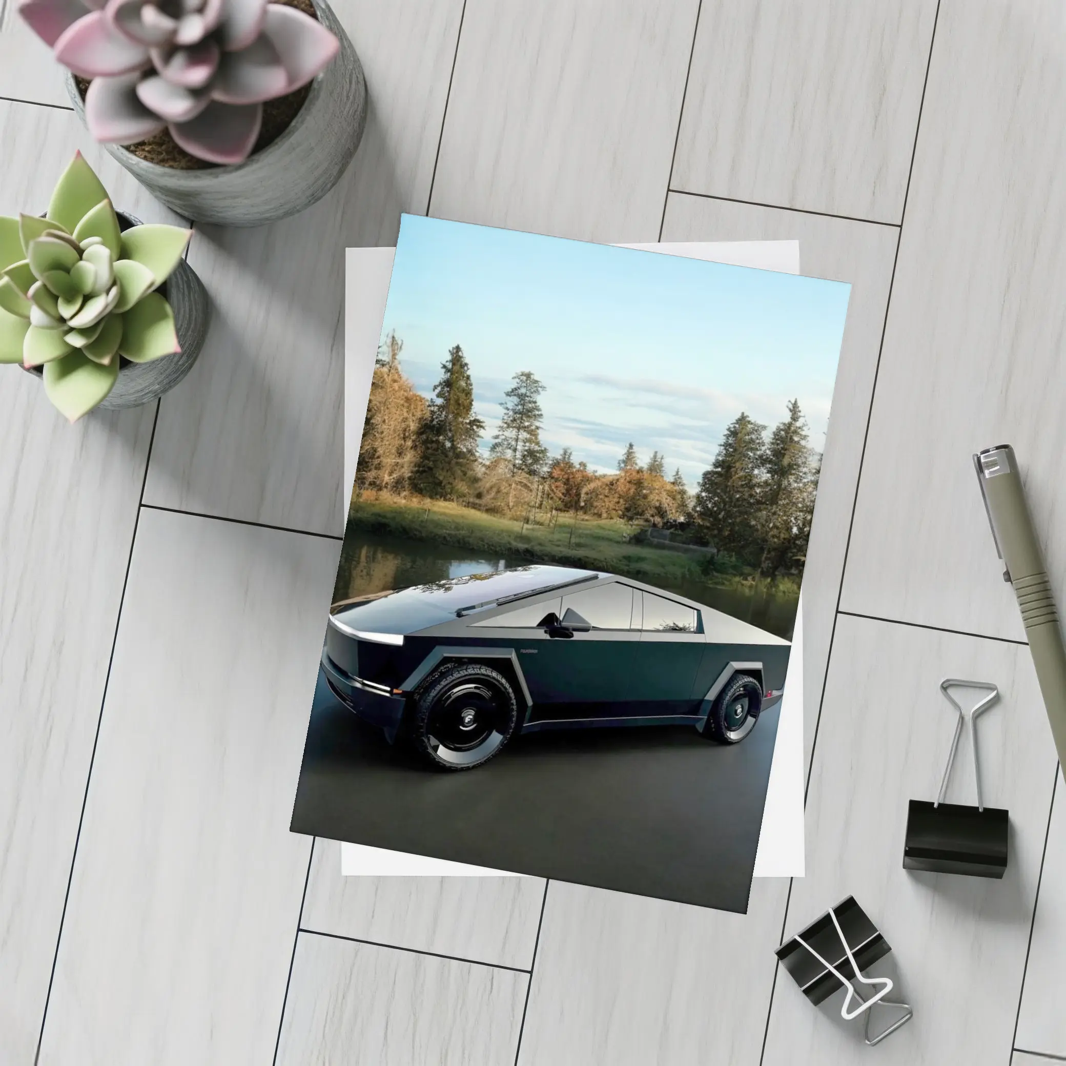 Tesla Cybertruck Parked Near Calm Lake – Postcards