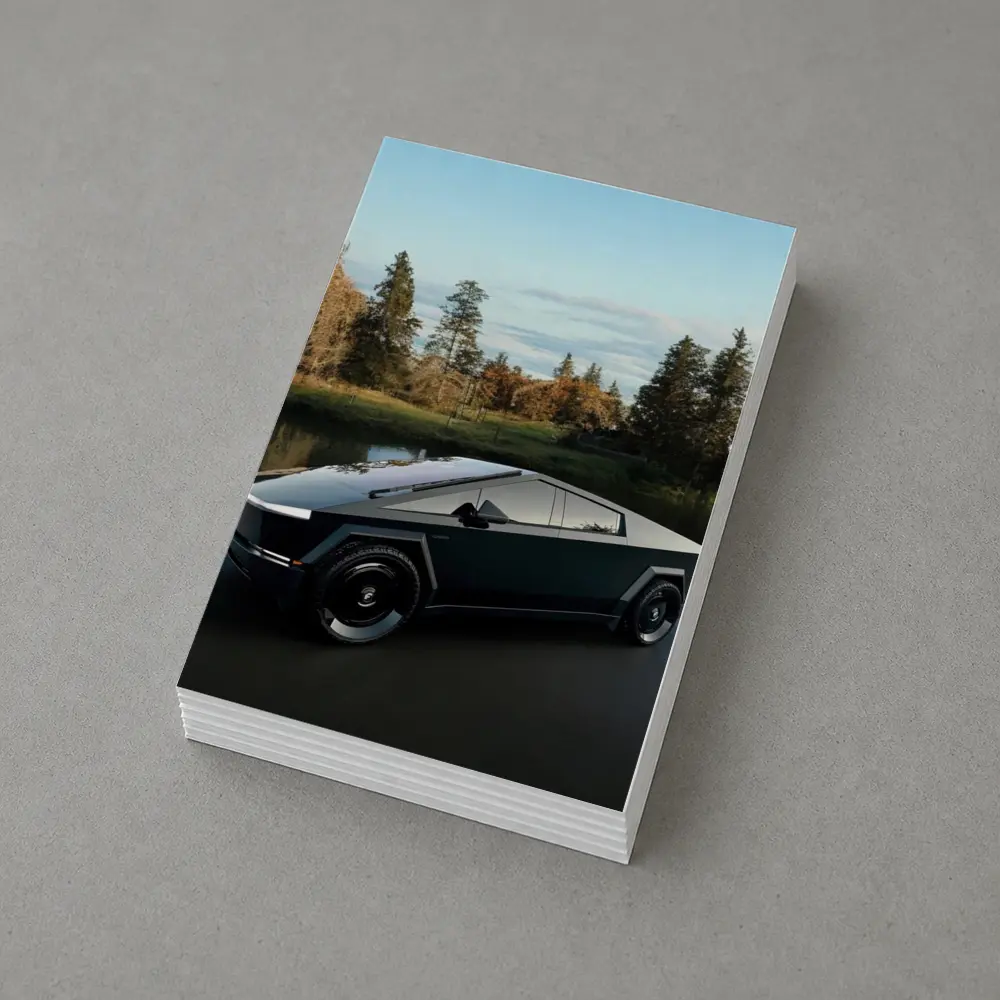 Tesla Cybertruck Parked Near Calm Lake – Postcards
