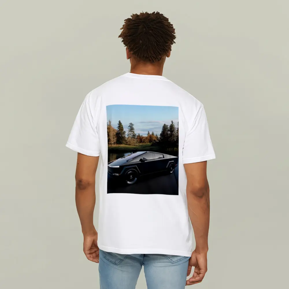 Tesla Cybertruck Parked Near Calm Lake – T-Shirts